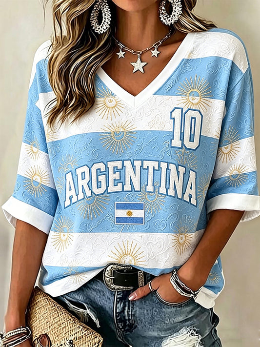 Argentinien-Fußballfan-T-Shirt für Damen mit mittellangen Ärmeln und V-Ausschnitt