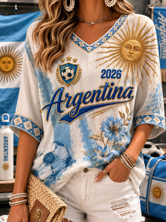 Damen-T-Shirt mit mittellangen Ärmeln und V-Ausschnitt