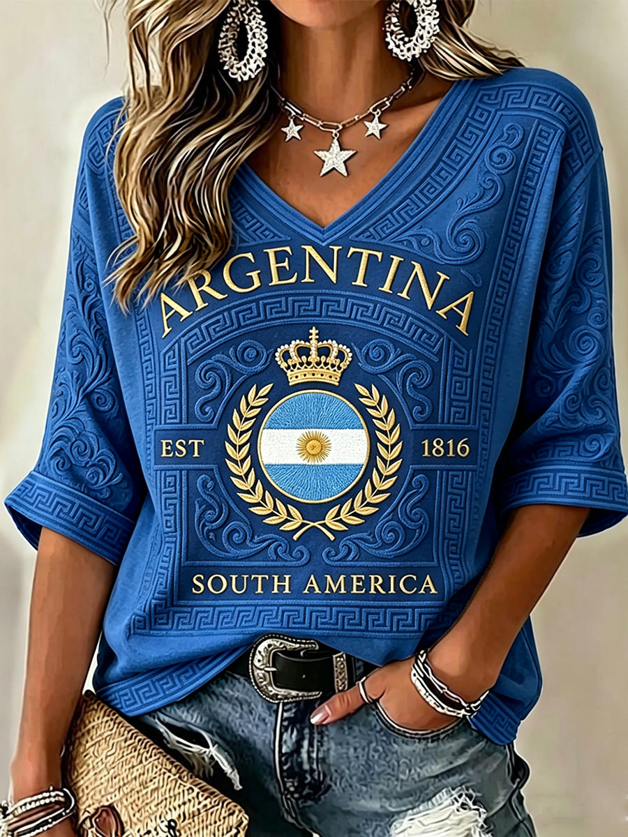 Frauen Argentinien Fußball Fan Mittellänge Ärmel V-Ausschnitt T-Shirt