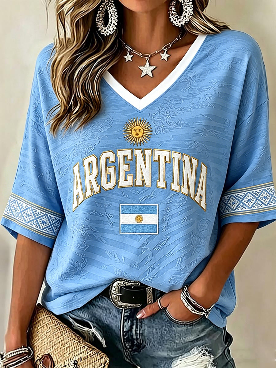 Argentinien-Fußballfan-T-Shirt für Damen mit mittellangen Ärmeln und V-Ausschnitt
