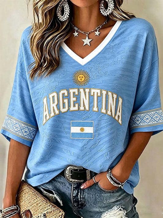 Argentinien-Fußballfan-T-Shirt für Damen mit mittellangen Ärmeln und V-Ausschnitt