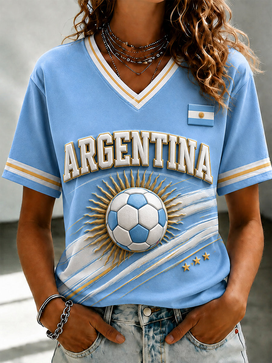 Damen-T-Shirt mit argentinischem Fußballmotiv und V-Ausschnitt