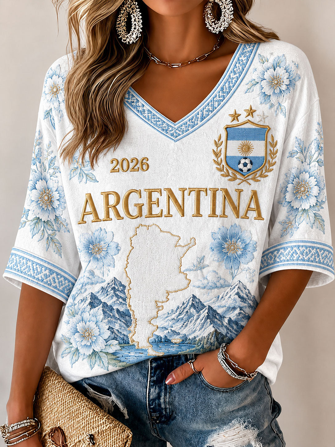 Damen-Fußball-T-Shirt mit argentinischem Motiv, lässig geschnitten