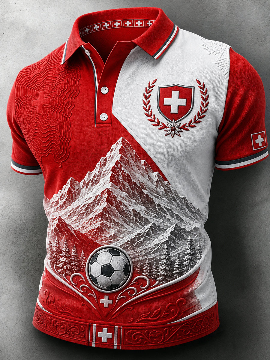 Herren-Poloshirt mit kurzen Ärmeln und Fußball-Print