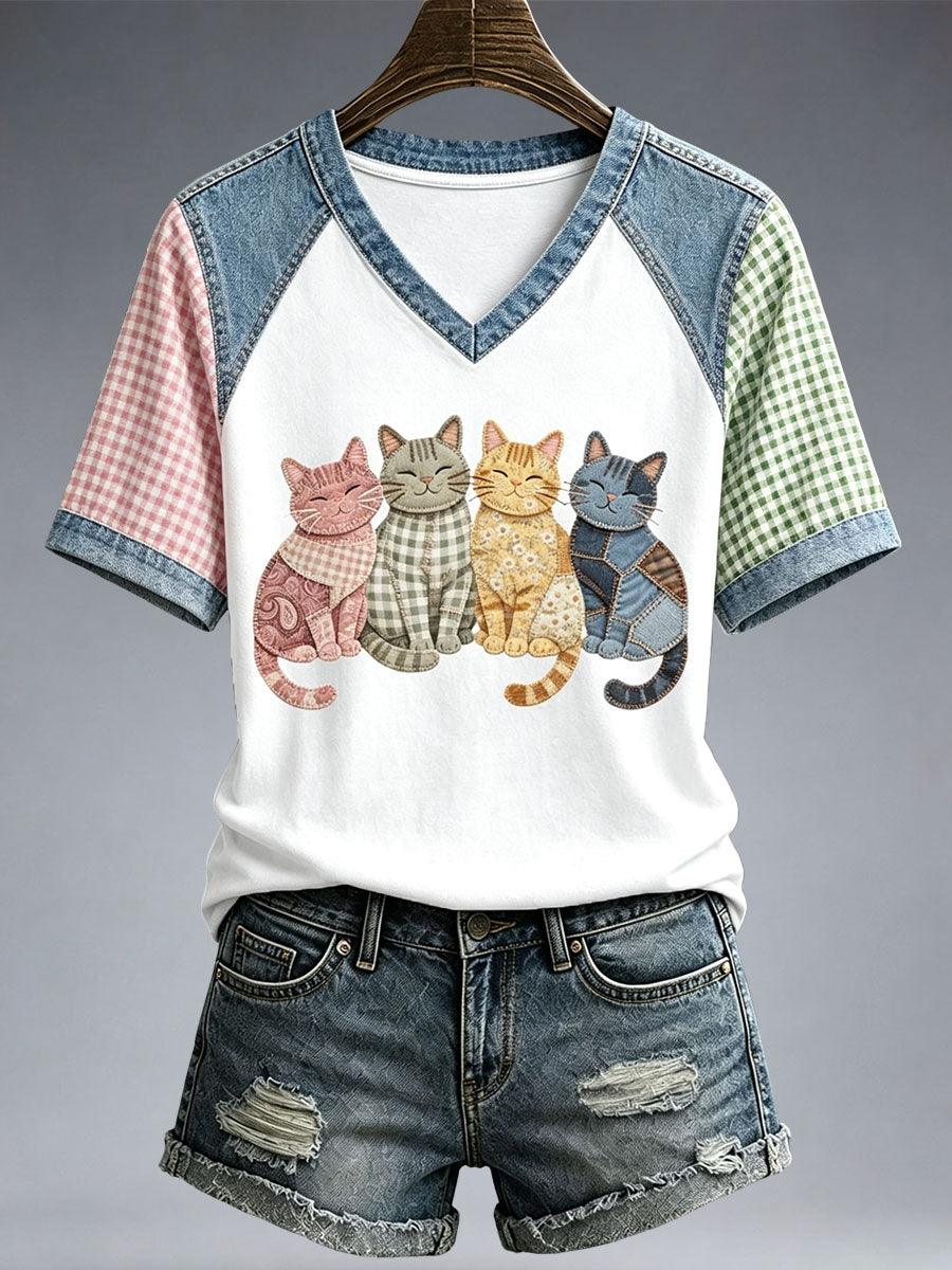 Frauen schöne Katze Patchwork Kunst T-Shirt