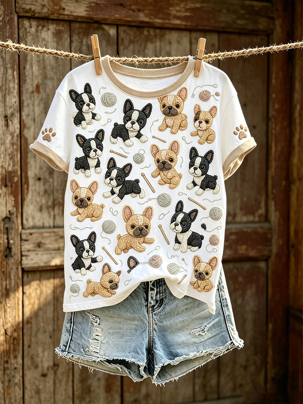 Damen-T-Shirt mit niedlichem Hunde-Muster, lässig, kurzärmlig