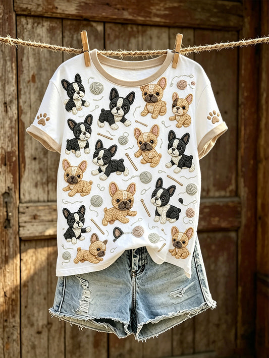Damen-T-Shirt mit niedlichem Hunde-Muster, lässig, kurzärmlig