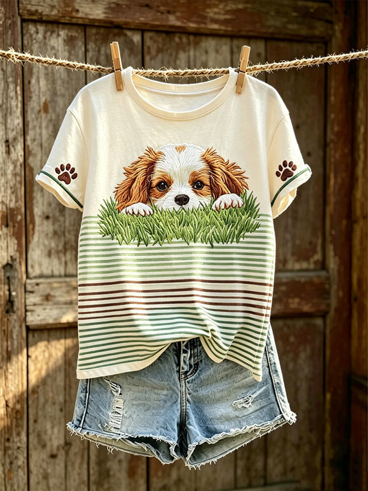 Damen-T-Shirt mit niedlichem Hunde-Muster, lässig, kurzärmlig