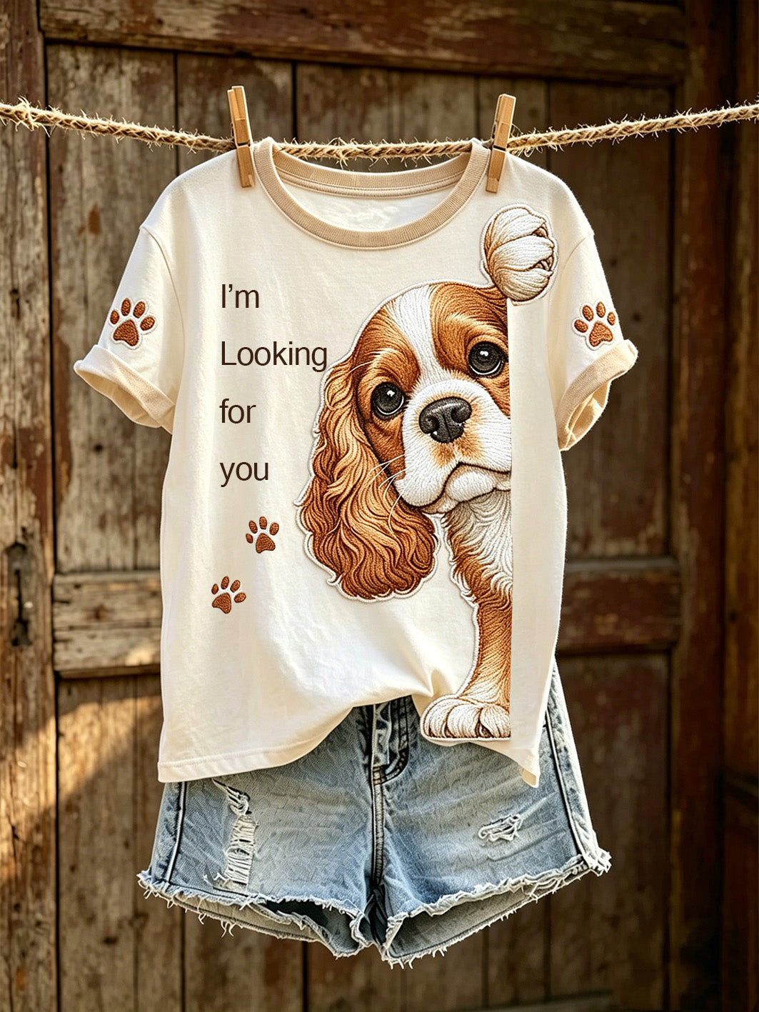 Damen-T-Shirt mit niedlichem Hunde-Muster, lässig, kurzärmlig