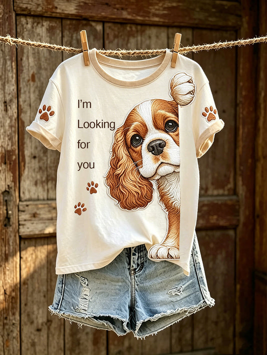 Damen-T-Shirt mit niedlichem Hunde-Muster, lässig, kurzärmlig