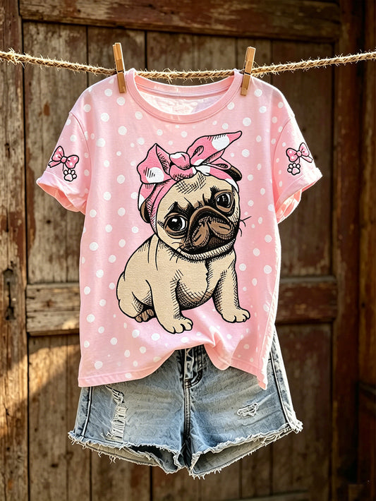 Damen-T-Shirt mit niedlichem Hunde-Muster, lässig, kurzärmlig