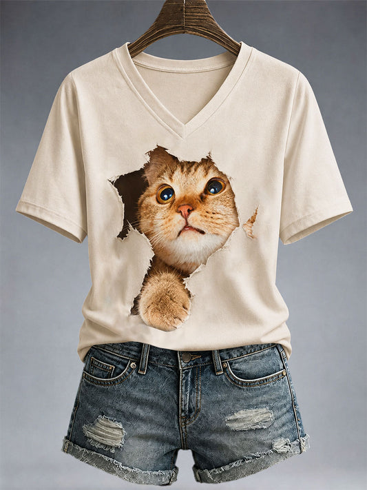 Frauen Lustige Katze V-Ausschnitt T-Shirt