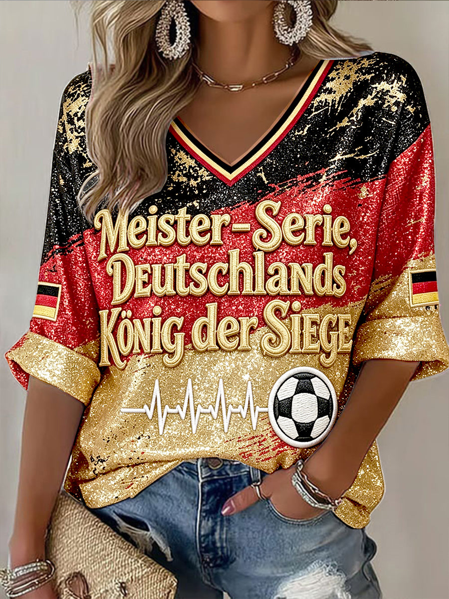 Damen-Flag-Football-T-Shirt mit deutscher Flagge, Glitzerdruck und lässigem V-Ausschnitt