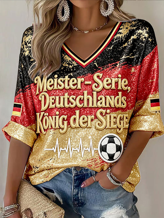 Damen-Flag-Football-T-Shirt mit deutscher Flagge, Glitzerdruck und lässigem V-Ausschnitt