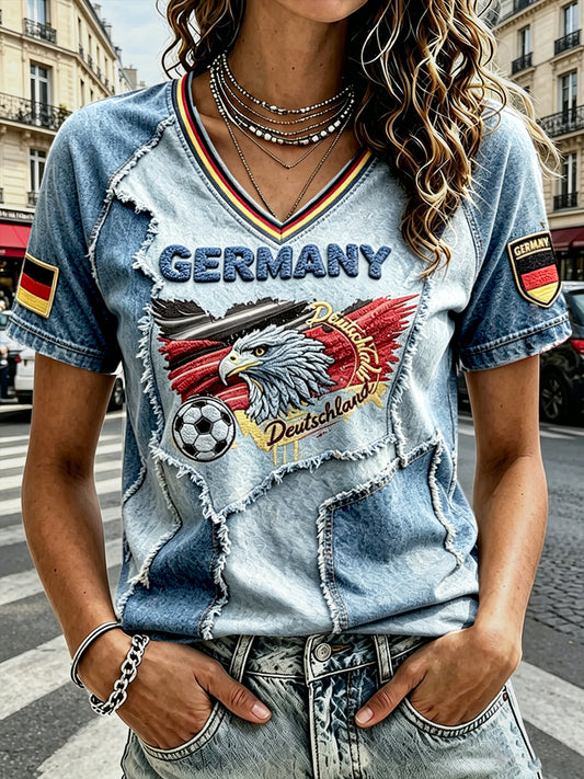 Damen-Deutschland-Fußballadler-Cowboy-Patchwork-Print lässiges V-Ausschnitt-T-Shirt