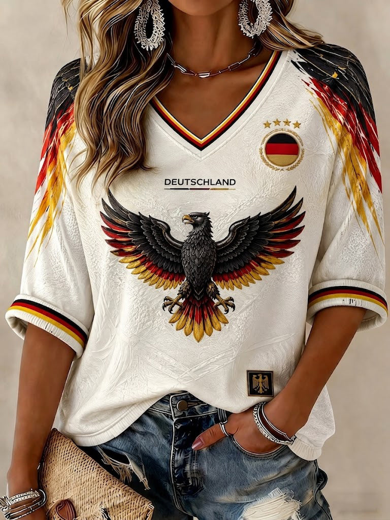 Damen-Fußball-T-Shirt aus Deutschland mit Druck, mittellangen Ärmeln und V-Ausschnitt