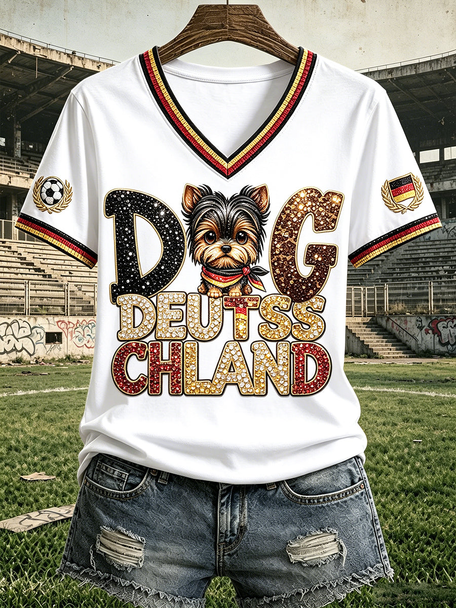 Damenweißes, niedliches Fußball-T-Shirt mit Pudelmotiv und Paillettenprint, lässig, V-Ausschnitt