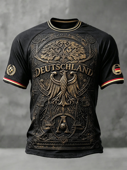 Herren-T-Shirt in Schwarz, Vintage-Design mit deutschem Adler und Fußballmotiv, lässiger Stil