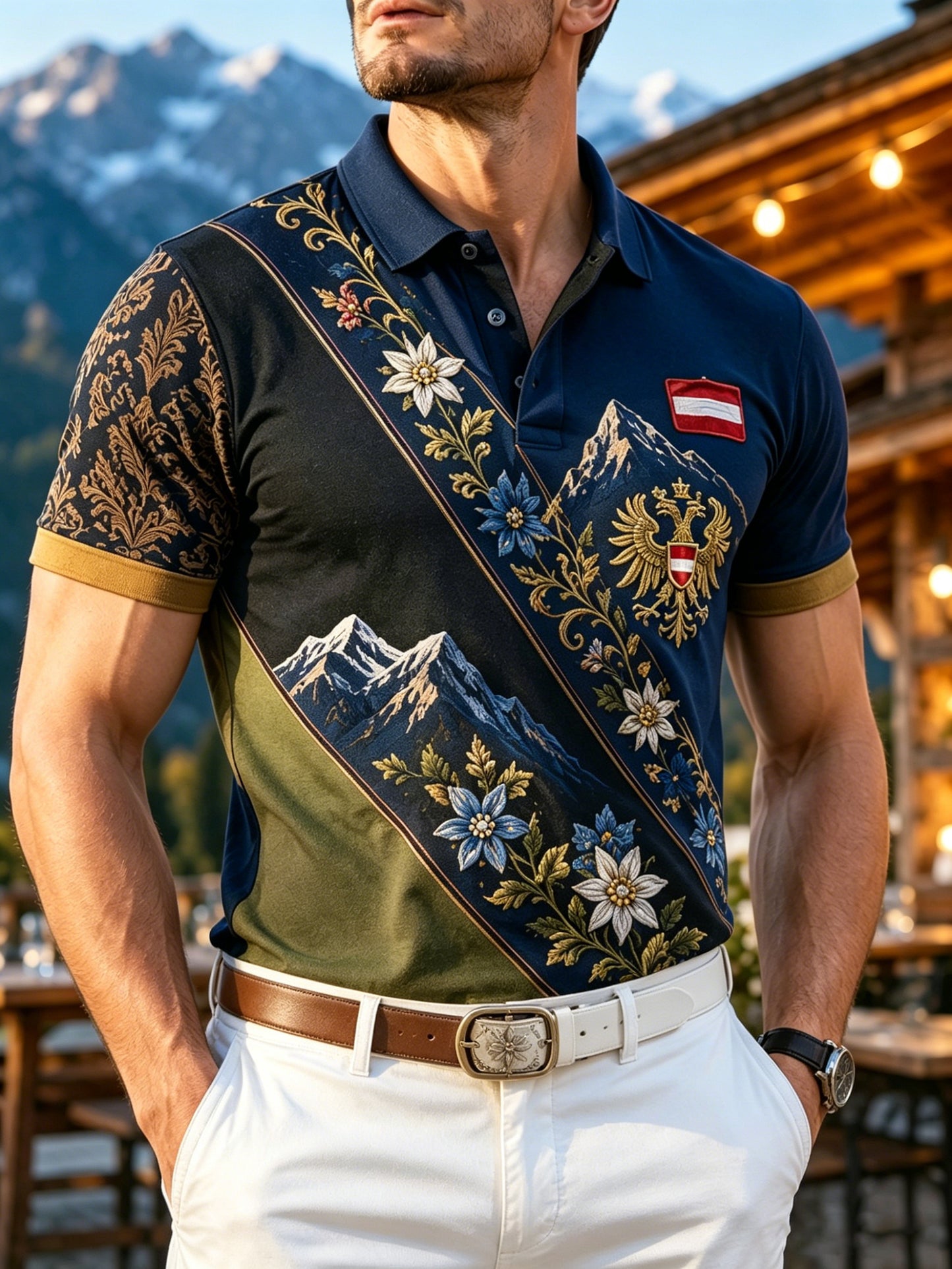 Herren-Polo mit kunstvoller Gedenkdruckdarstellung eines österreichischen Naturlandschaftselements