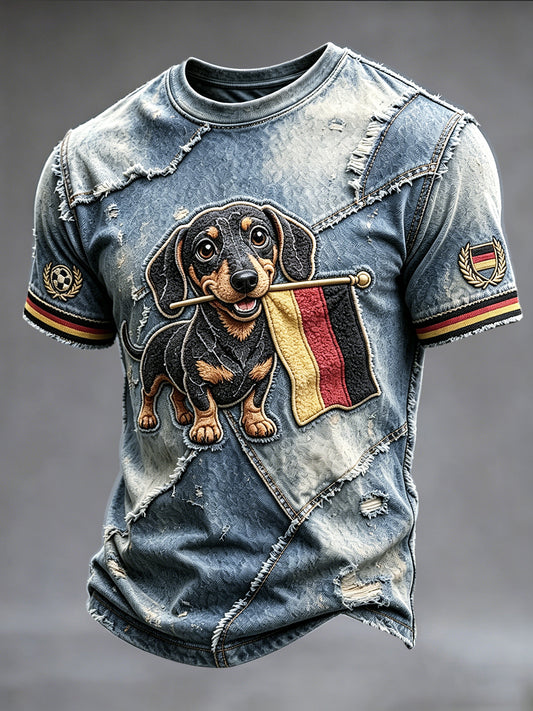 Herren-Retro-T-Shirt im Fußballstil mit deutscher Flagge, Denim-Optik und Patchwork-Print, lässig geschnitten