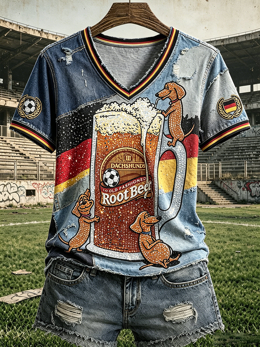 Damen-Dackelfußball-Bier-Patchwork-Print-Lässiges V-Ausschnitt-T-Shirt