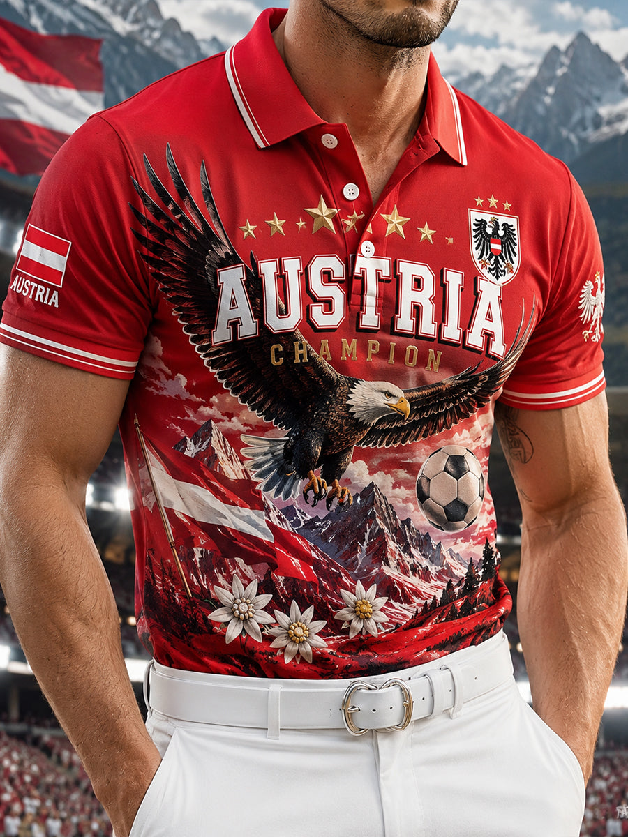 Herren-Poloshirt mit Kunstdruck zum Anfeuern bei österreichischen Fußballspielen