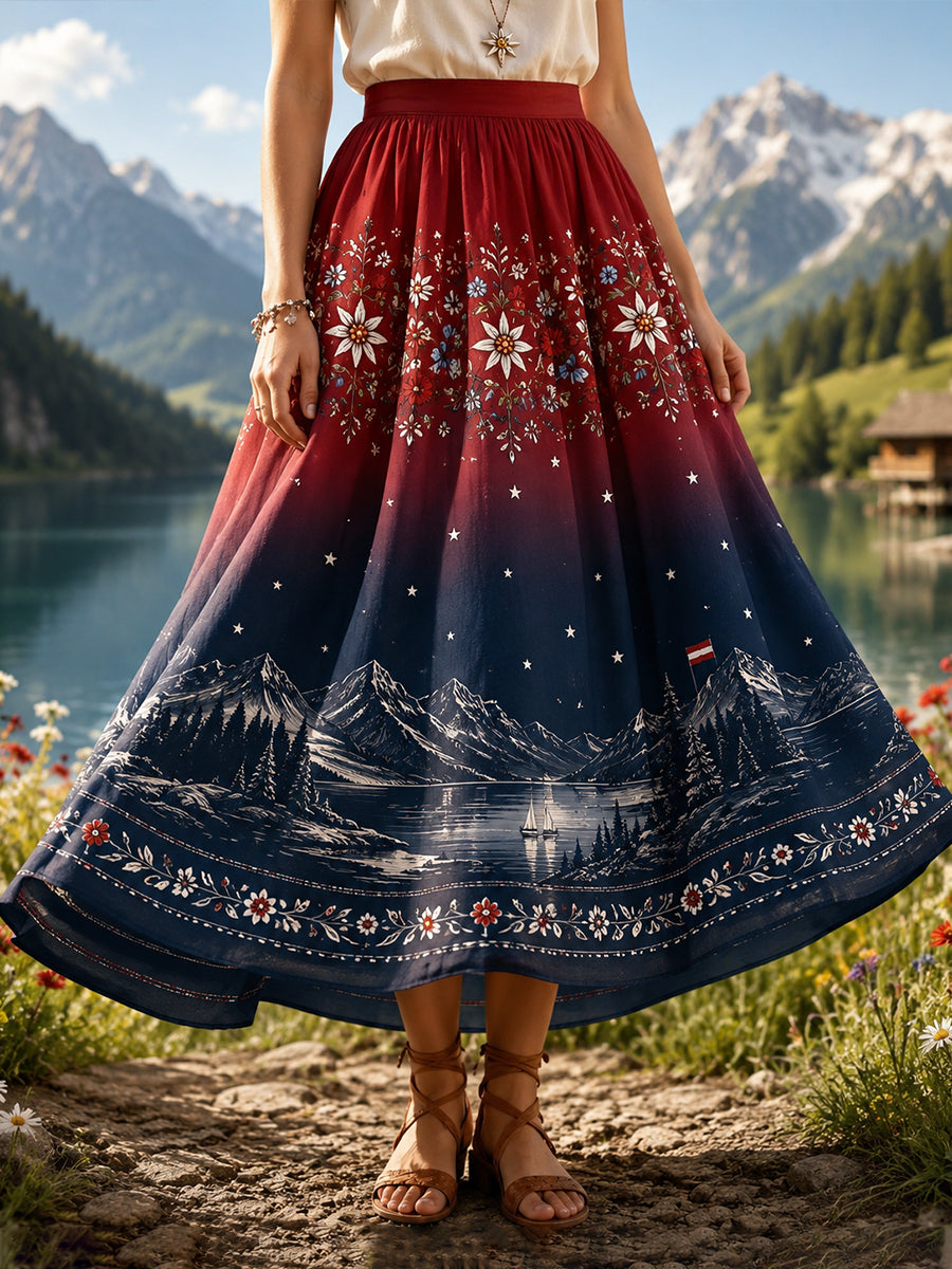 Damen-Midirock mit Blumenprint und Motiven österreichischer Naturlandschaften