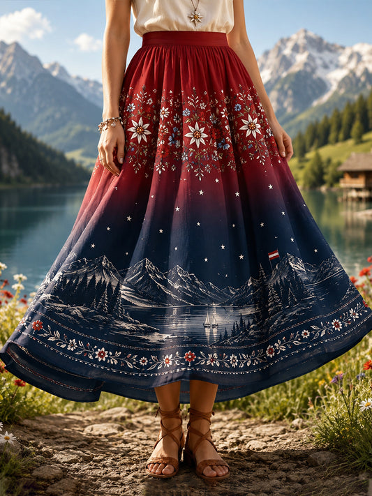 Damen-Midirock mit Blumenprint und Motiven österreichischer Naturlandschaften