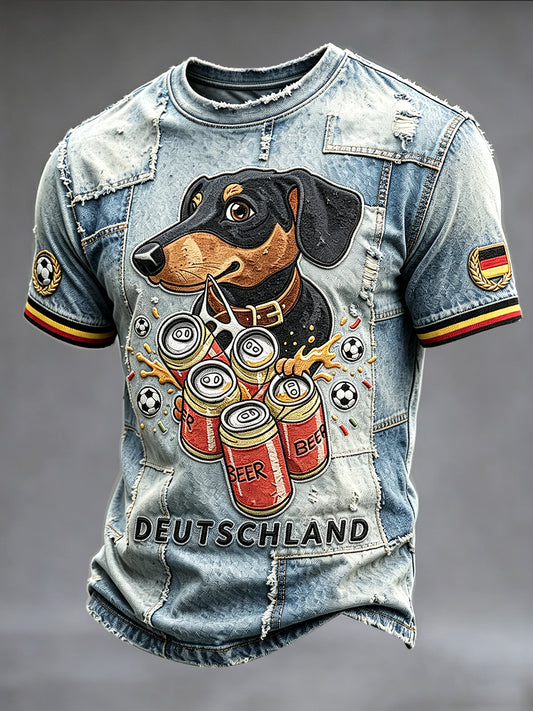 Herren-Retro-Denim-Patchwork-Casual-T-Shirt mit deutschem Dackel-Print