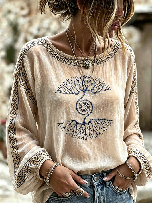 Frauen kaffee farben Viking Tree of Life Print Elegantes lang ärmel iges T-Shirt aus Baumwolle