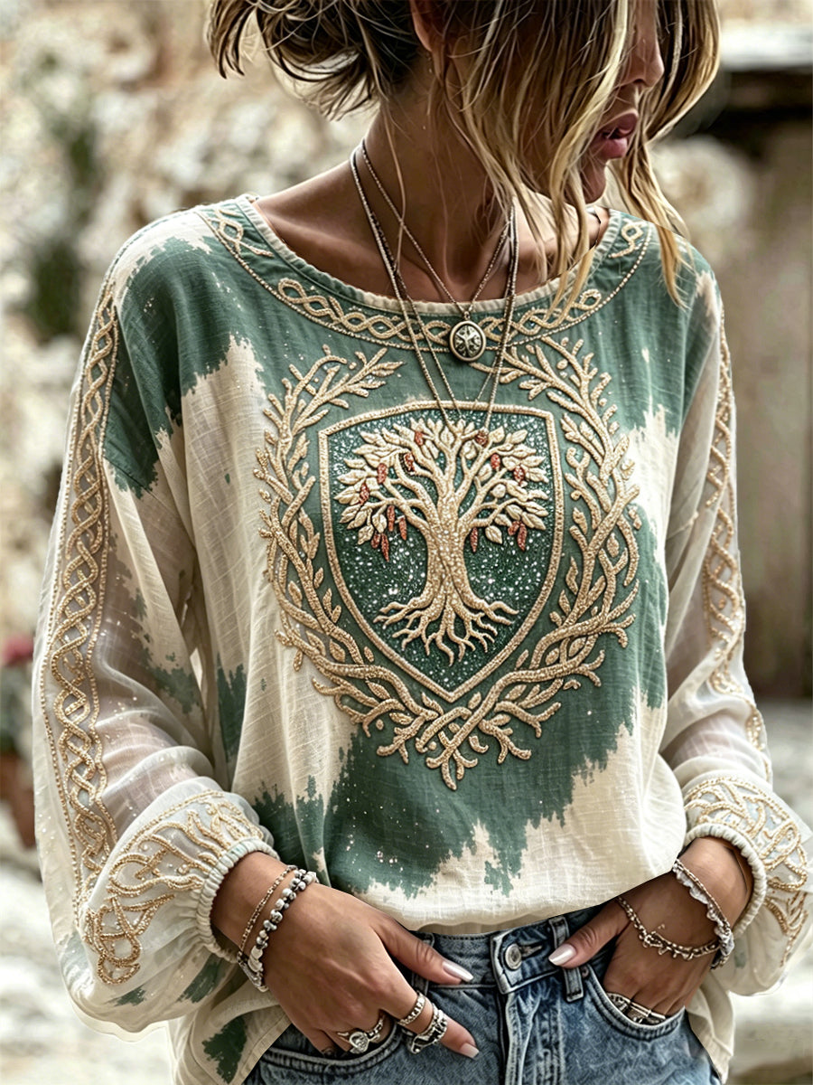 Frauen Viking Life Tree Print Elegantes T-Shirt aus Baumwolle mit langen Ärmeln