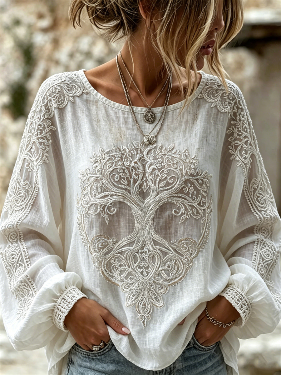 Damen-elegantes Wikinger-Lebensbaum-Keltisches-Knoten-Muster-Blumen-Spitzenprint-Hemd aus Baumwolle-Leinen