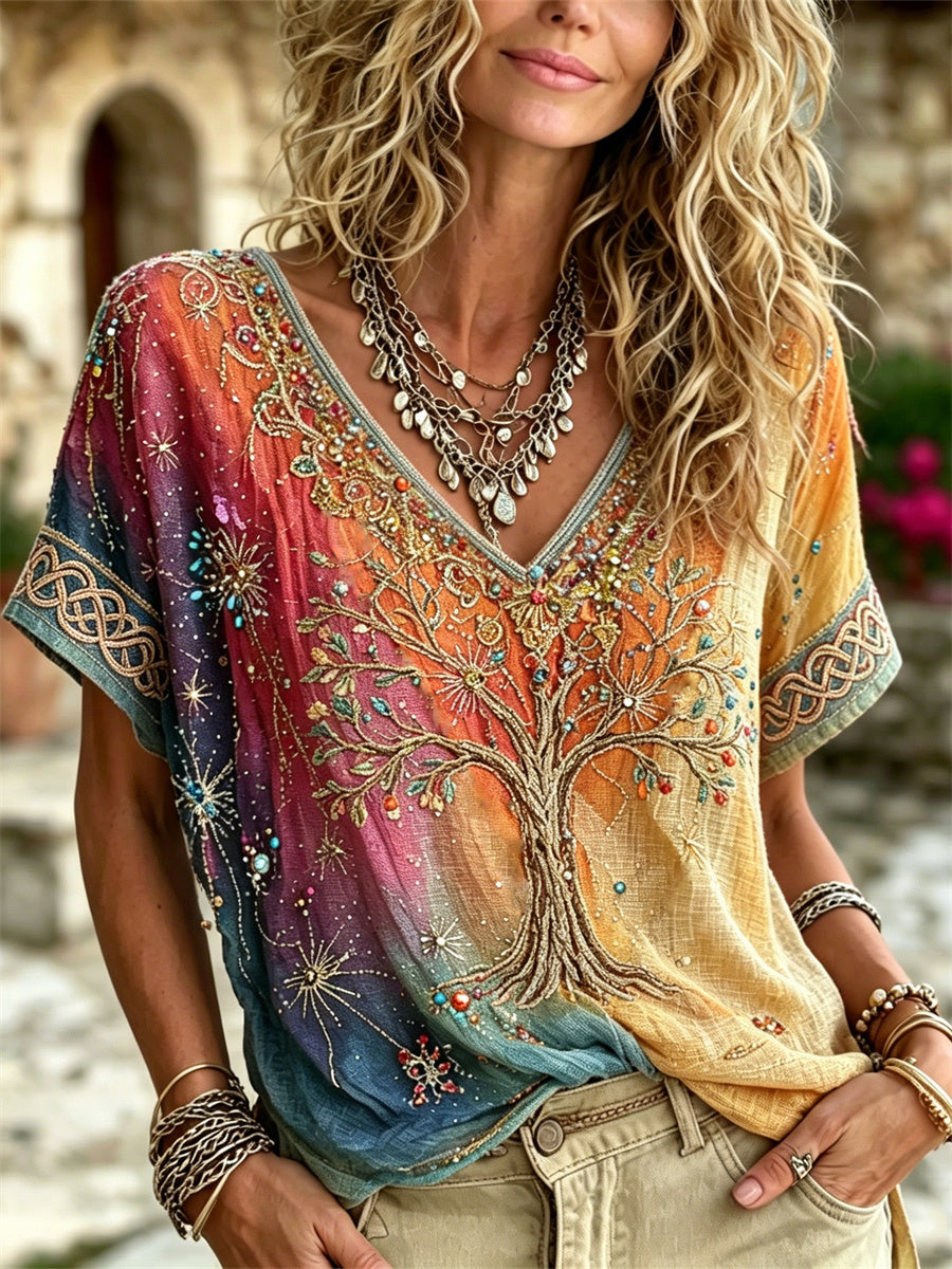 Vikinger Lebensbaum-Hippie-Kunstdruck Damen-T-Shirt aus Leinen, Farbverlauf, Kurzarm