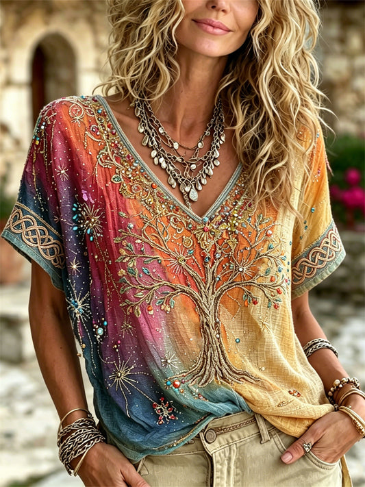 Vikinger Lebensbaum-Hippie-Kunstdruck Damen-T-Shirt aus Leinen, Farbverlauf, Kurzarm