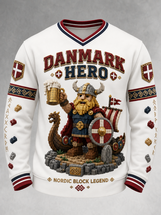 V-Ausschnitt Dänische Wikinger Retro Mode Lose Langarm Sweatshirt