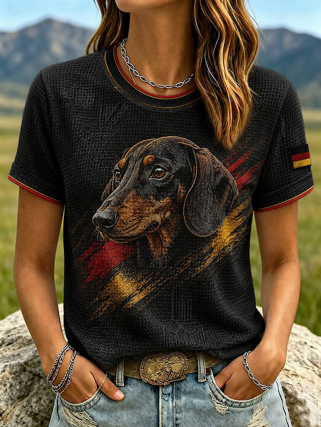 Damen Dackel bedrucktes Kurzarm-T-Shirt aus Waffel gewebe