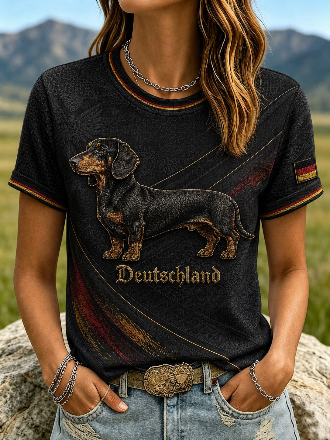 Damen-T-Shirt mit Dackel-Print aus Waffelstoff, kurzärmelig