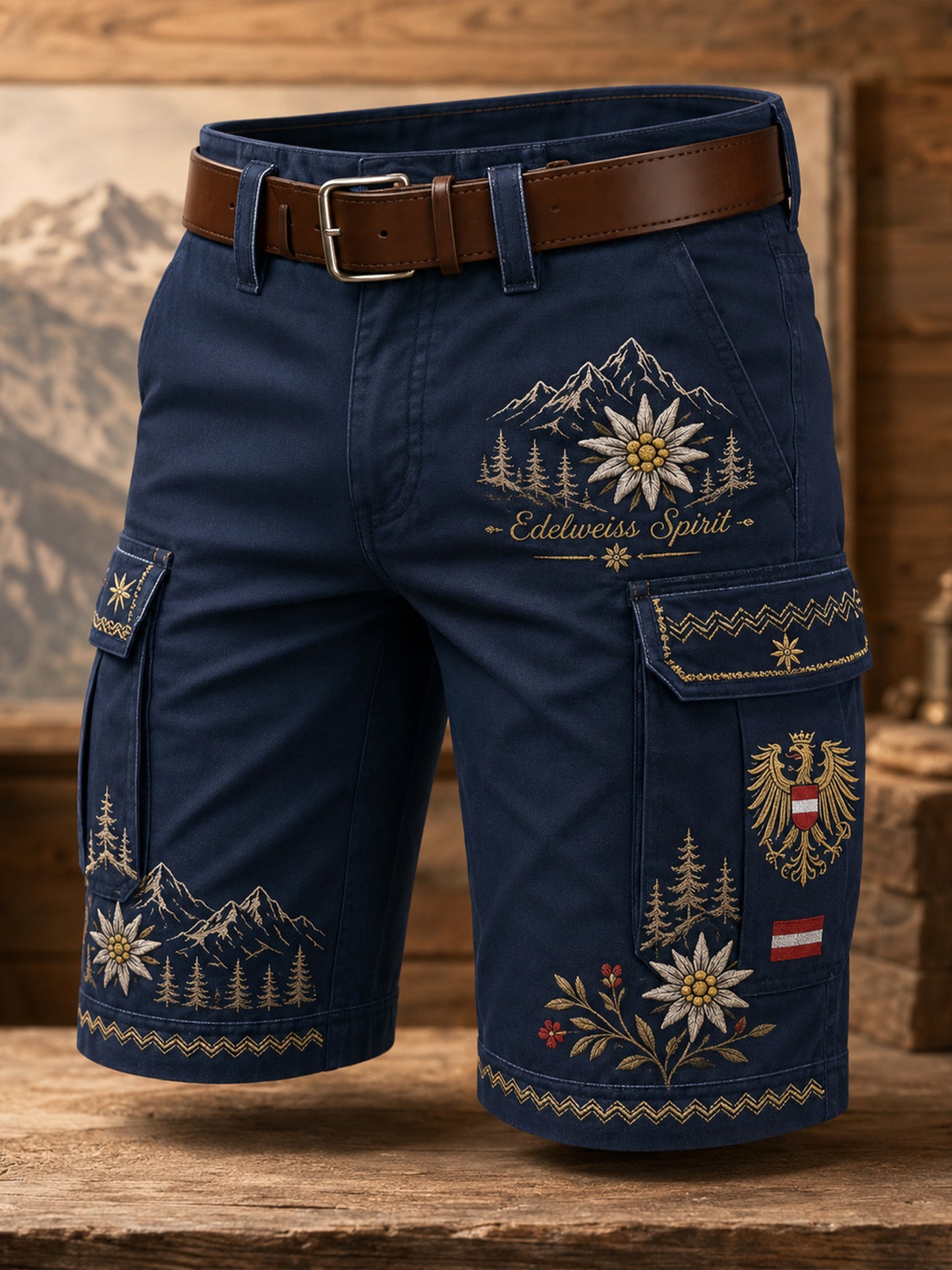 Herren-Shorts mit Kunstdruck von österreichischer Naturlandschaft und kulturellen Elementen