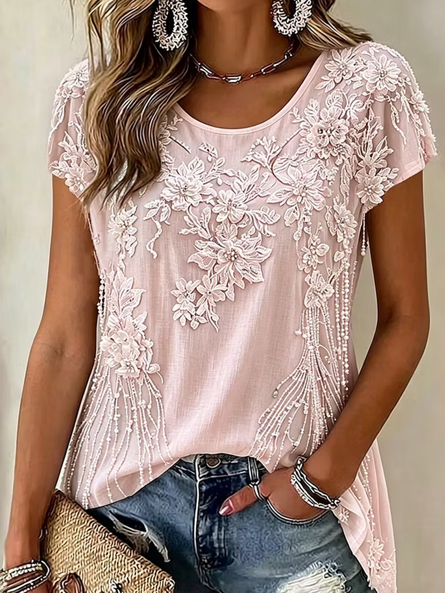 Damen-Retro-T-Shirt mit Blumenmuster und Kunstdruck, lässig