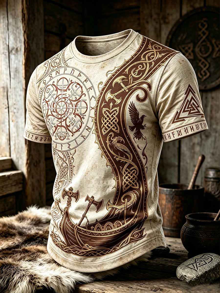 Herren-Vintage-T-Shirt mit Wikinger-Muster