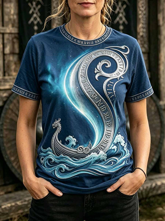 Frauen Retro Wikinger Muster Druck T-Shirt