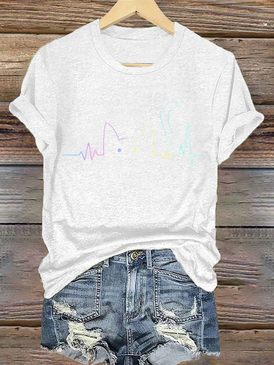 Damen-T-Shirt mit stilvollem Katzenliebhaber-Design, aufbügelbar, Kurzarm