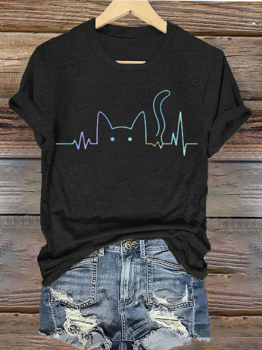 Damen-T-Shirt mit stilvollem Katzenliebhaber-Design, aufbügelbar, Kurzarm