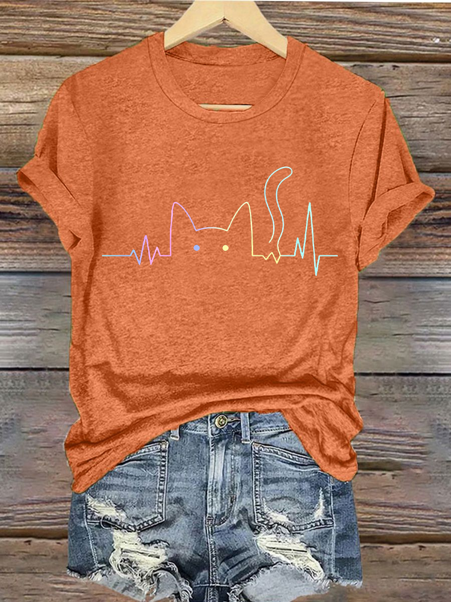 Damen-T-Shirt mit stilvollem Katzenliebhaber-Design, aufbügelbar, Kurzarm