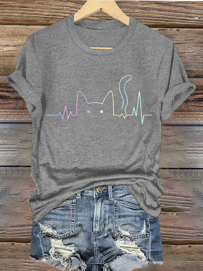 Damen-T-Shirt mit stilvollem Katzenliebhaber-Design, aufbügelbar, Kurzarm