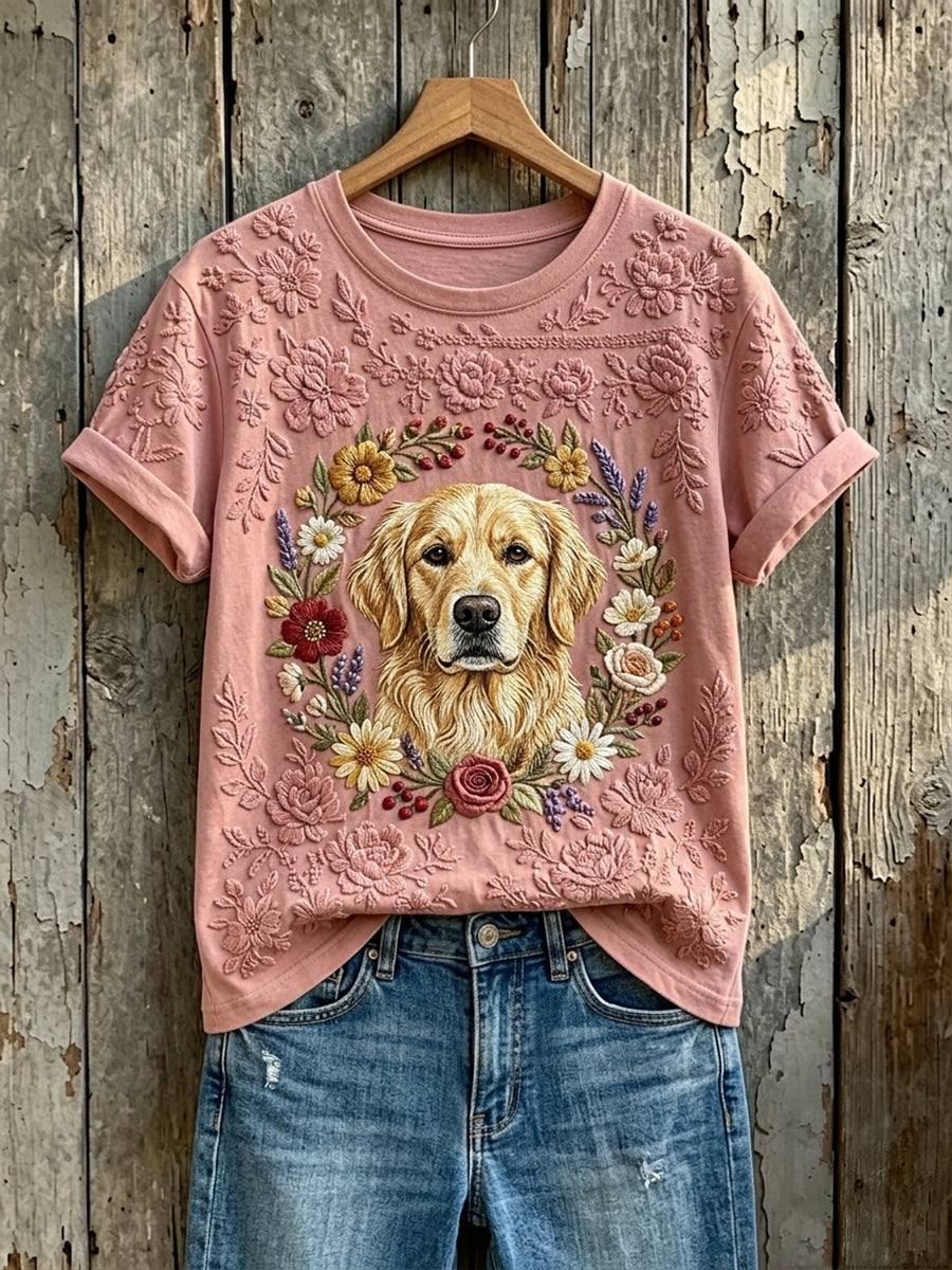 Damen-T-Shirt mit süßem Blumenmuster und Golden-Retriever-Print, kurzärmelig