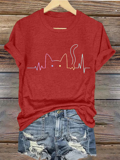 Damen-T-Shirt mit stilvollem Katzenliebhaber-Design, aufbügelbar, Kurzarm
