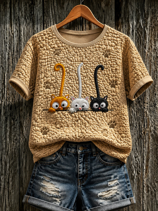Damen-T-Shirt mit niedlicher Katzen-Print und kurzen Ärmeln