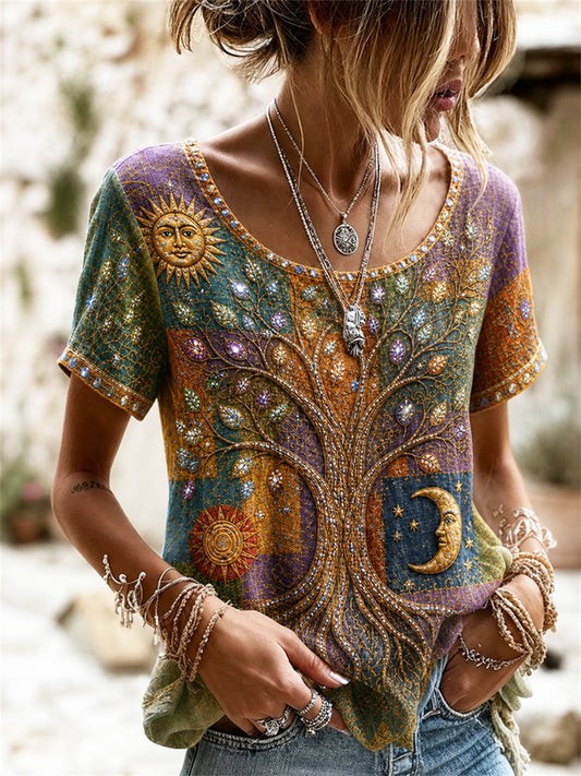 Vikinger-Lebensbaum-Hippie-Kunst-Farbblock-Print Leinen-T-Shirt mit kurzen Ärmeln für Damen