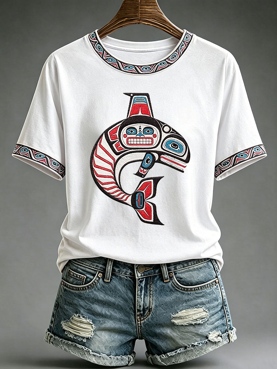 Indigenes Totem-Print-T-Shirt für Frauen